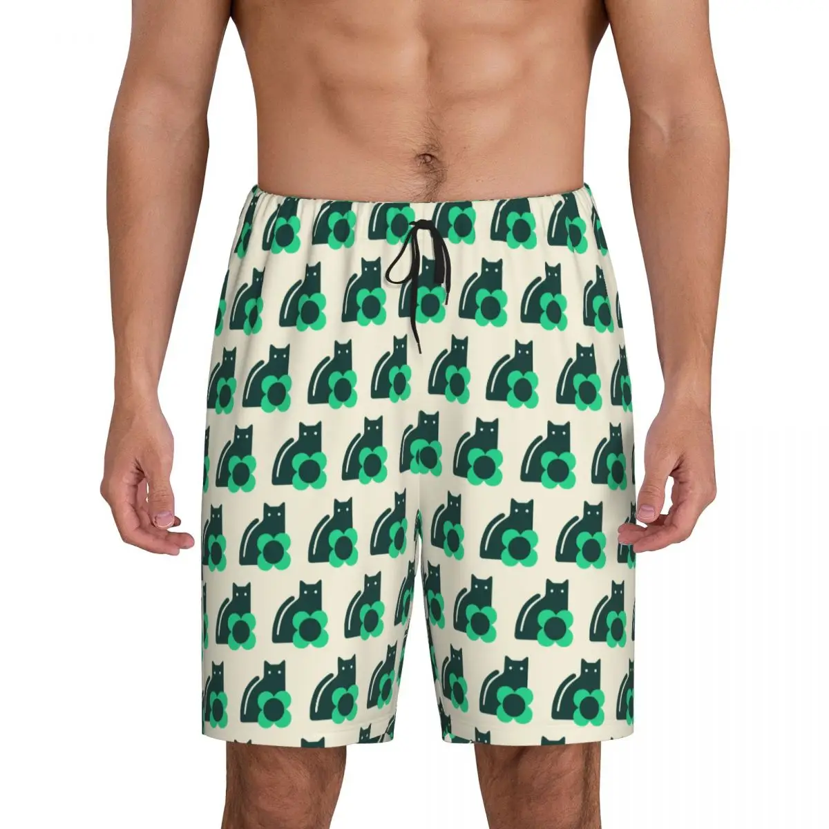 Custom Printed Orla Kiely Cat Pajama Shorts Men Scandinavian Sleepwear Bottoms Sleep Short Pjs with Pockets