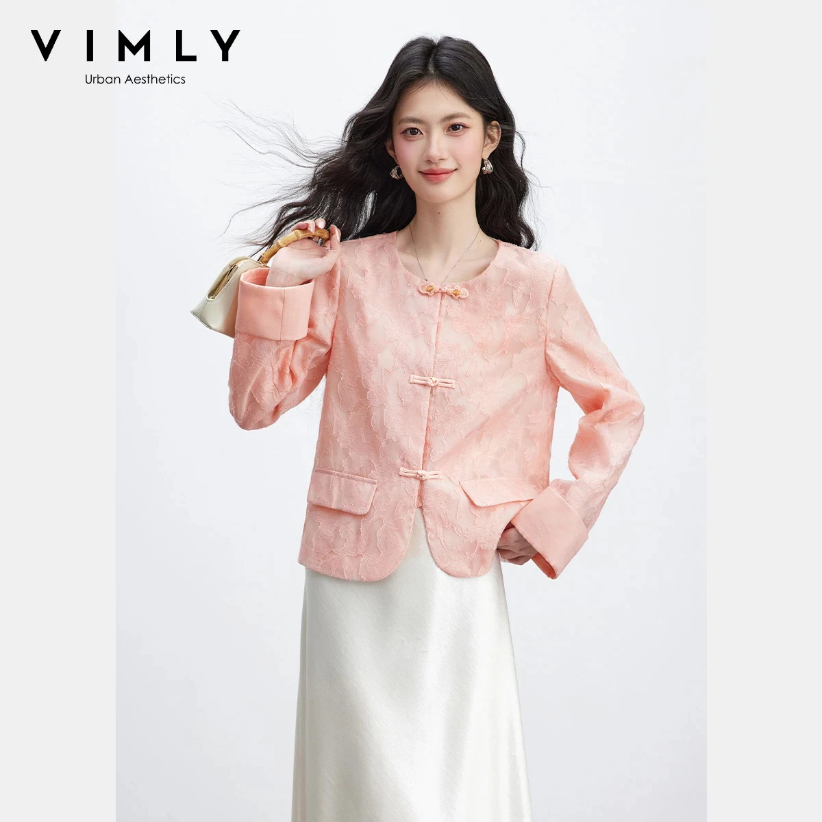 

VIMLY Women‘s New Chinese Style Jacket 2026 Spring New Fashion Elegant Jacquard Brocade Frog Button O-Neck Versatile Coat A3966