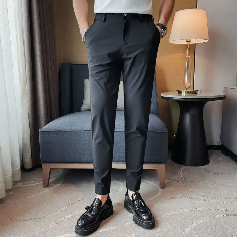 Ice Silk Fabric Trousers Pencil Summer New Men's Button Zipper Solid Color Fashion Slim Business Patchwork Pockets Suit Pants