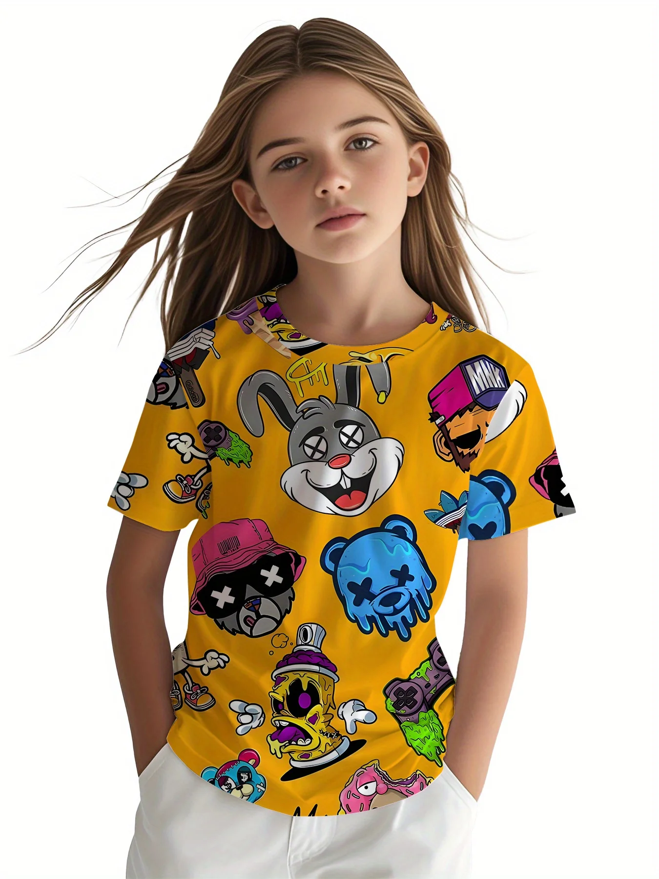 Kids Hip Hop Graphic T-Shirt, Bright Yellow All Over Graffiti Animal Print Girls Casual Short Sleeve Top