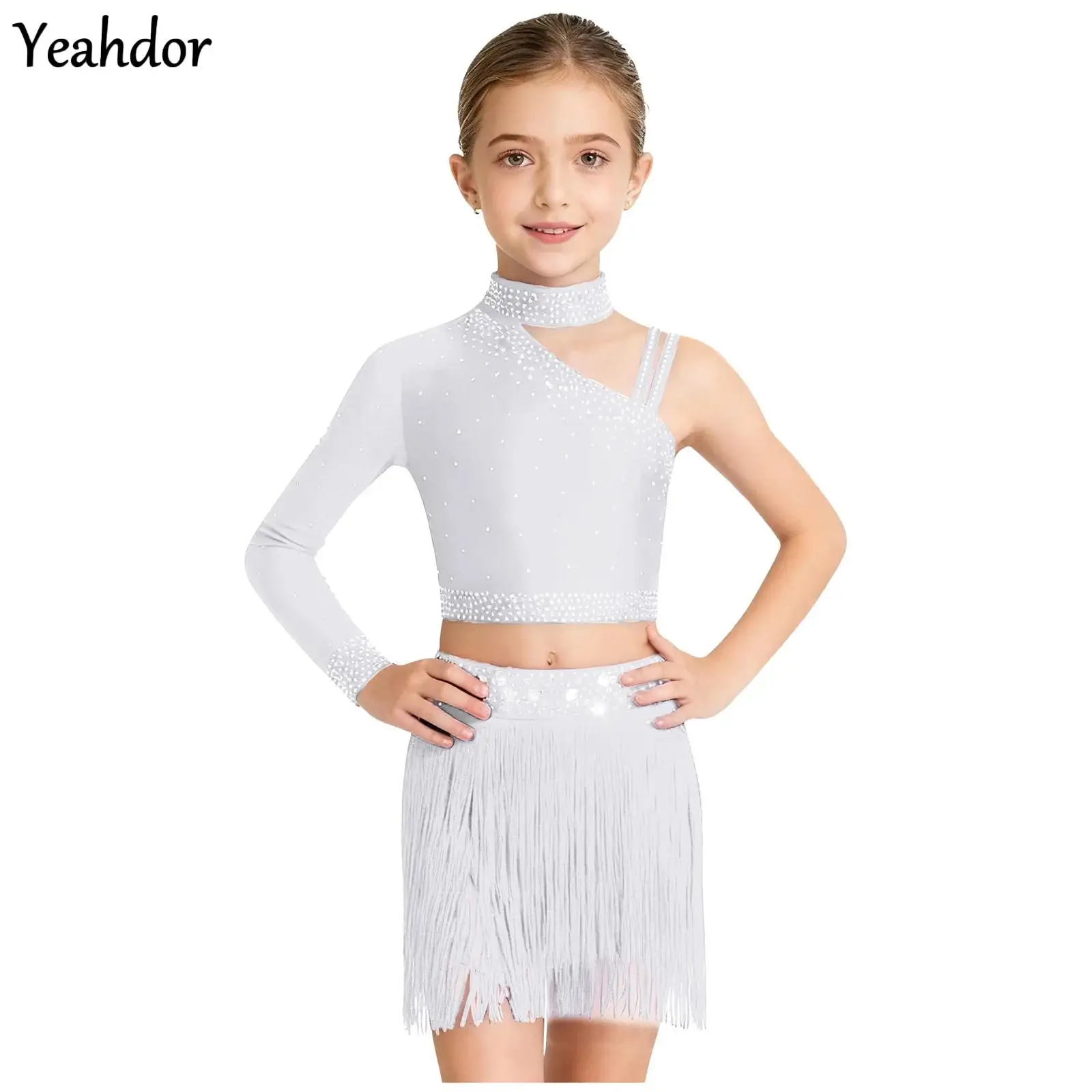

Girls Lyrical Contemporary Dance Outfits One Shoulder Rhinestones Crop Top And Fringe Bottoms Skirt Set Ballet Skating Costume