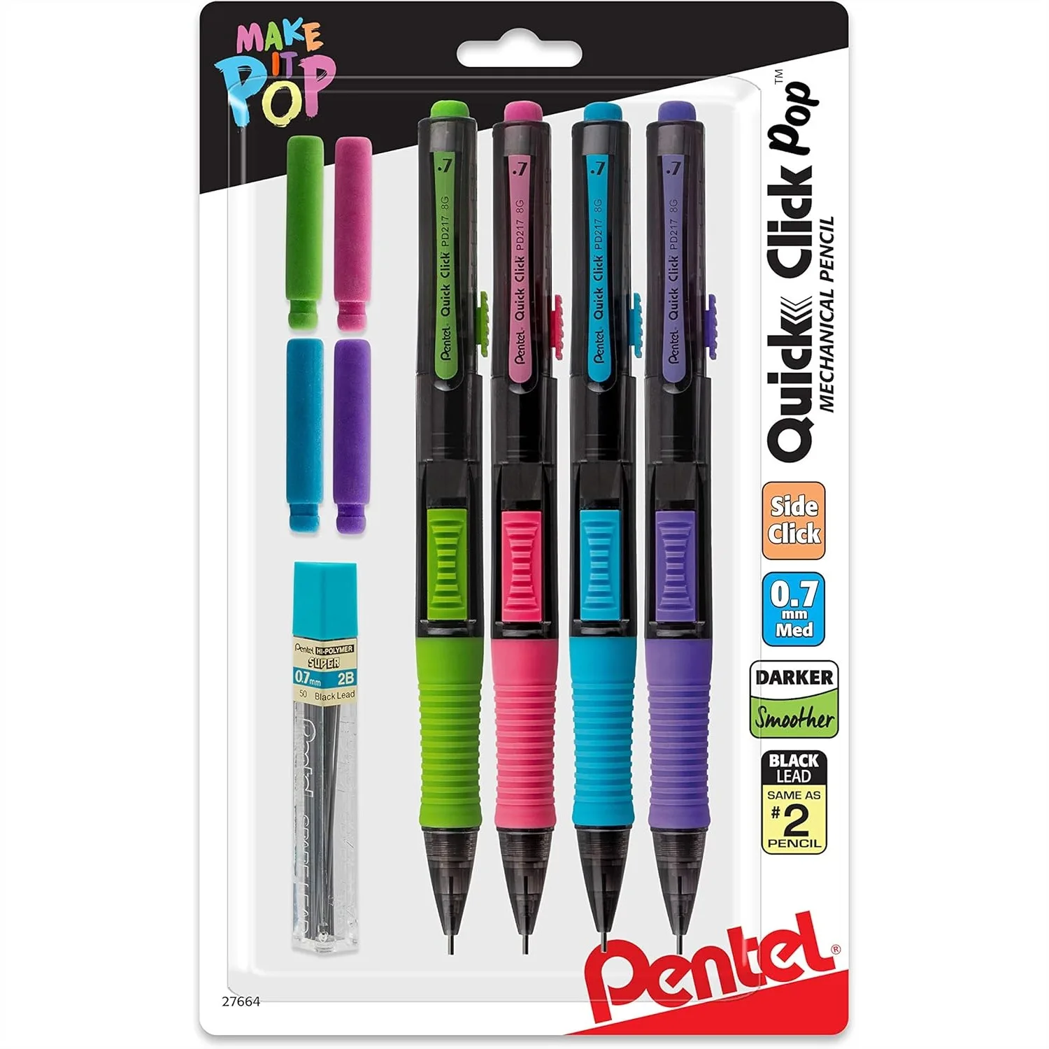 

Pentel Quick Click Pop Mechanical Pencil 0.7mm Medium 2 Eraser Refills Pack of 4