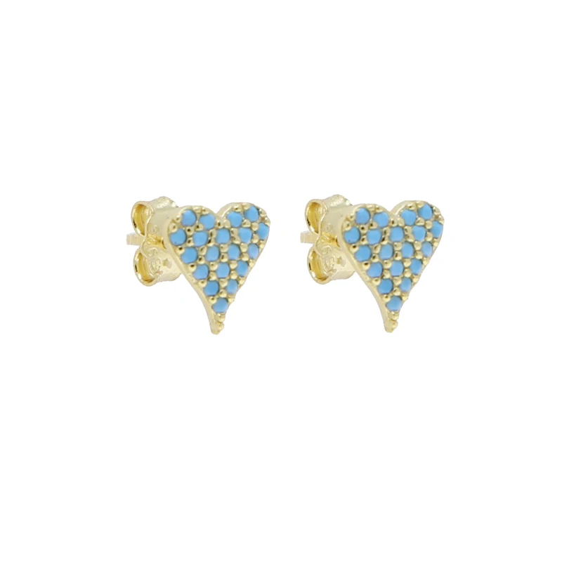 Anting-anting kancing hati kecil wanita, berlapis emas 925 perak murni mikro Pave biru pirus batu