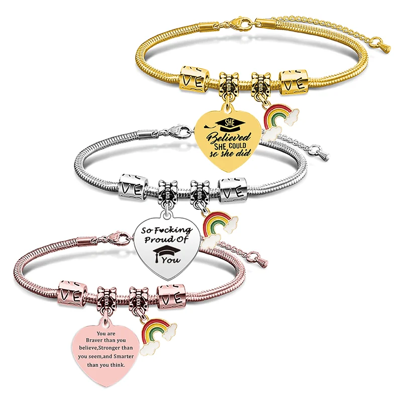 Bestseller Unisex Silber Abschluss Regenbogen Herz Armbänder graviert Edelstahl Schmuck