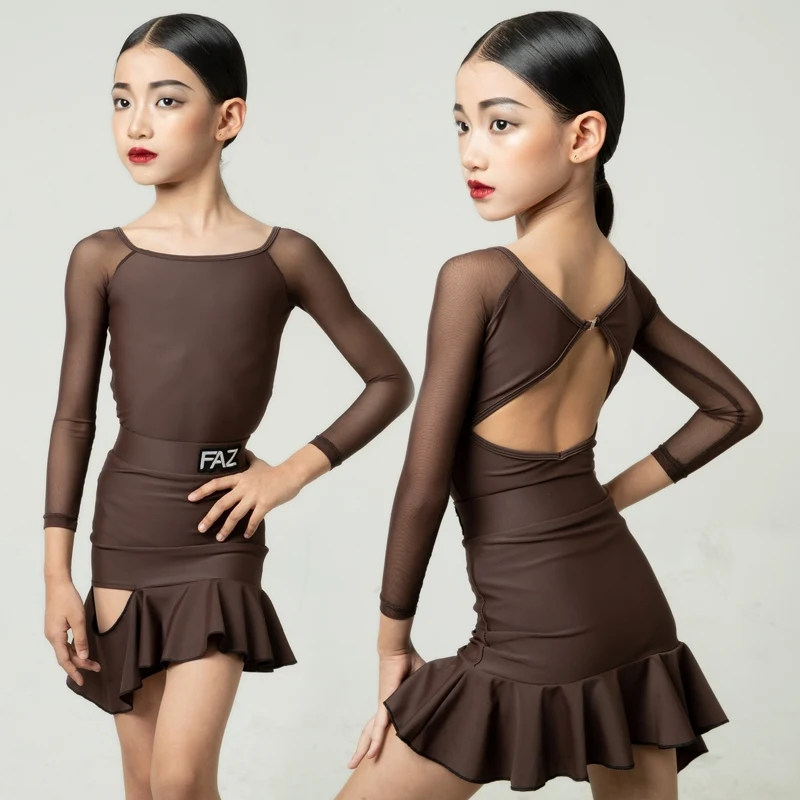 

New Long Sleeved Latin Top Ruffled Skirt Girls Ballroom Dance Training Suit Children'S Latin Dance Competition Costume SL12151