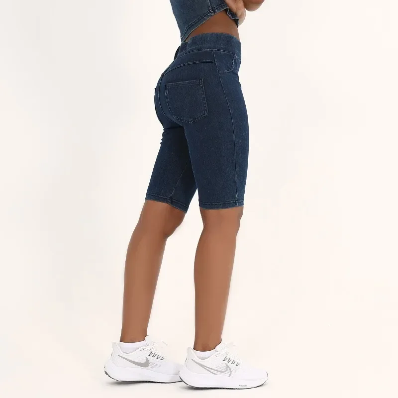 ​ ​ Short de Yoga en Denim taille haute pour femmes, double poche, sans couture, extensible, Fitness, mode, Slim, cinq points