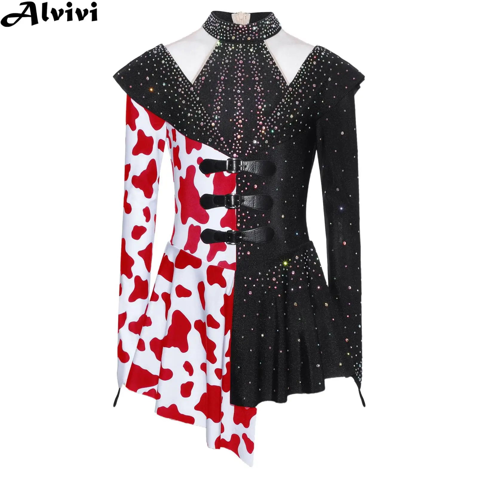 

Блестящее платье для фигурного катания со стразами для девочек-подростков, сетчатое трико-пачка с длинными рукавами и принтом коровы для Хэллоуина, косплея, вечеринки, гимнастики