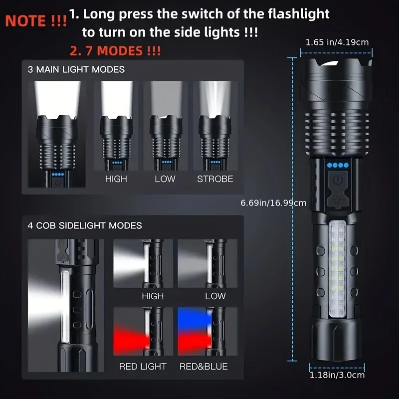강력한 LED 손전등 배터리 표시등 USB 충전식 라이트 텔레스코픽 줌 토치 램프 야외 캠핑 낚시 랜턴 썸네일 4