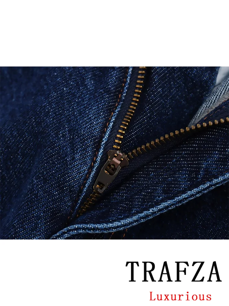 TRAFZA Vintage Casual Chic Women Denim Pants Straight Button Pockets High-waisted Pants Fashion 2024 Summer Holiday Trousers