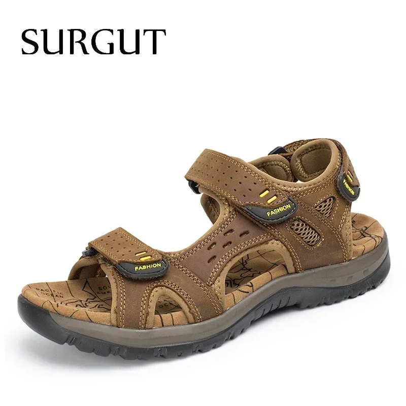 SURGUT Hot Sale New Fashion Summer Leisure Beach Men Shoes High Quality Leather Sandals The Big Yards Men\'s Sandals Size 38-48