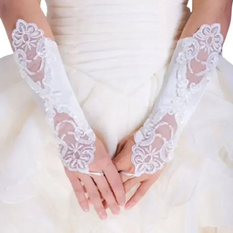 Women Bridal Long Gloves Opera Fingerless Lace Glitter Sequins Solid Color Elbow Length Mittens Hook Finger Wedding Party