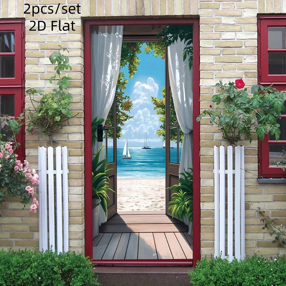 2 Stück tropische Meeresansicht, dekorative Tür- und Wandaufkleber, 2D-simulierte Holztüraufkleber, Wohnzimmer, Schlafzimmer, Eingangsbereich, Hintergrund W