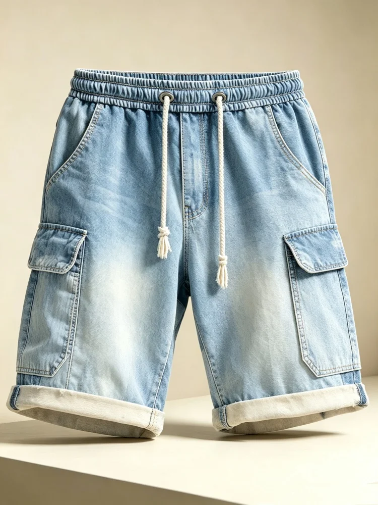Mens Casual Washed Light Blue Cargo Shorts Faux Denim Drawstring Loose Fit Multi Pocket Roll-up Hem Knee Shorts