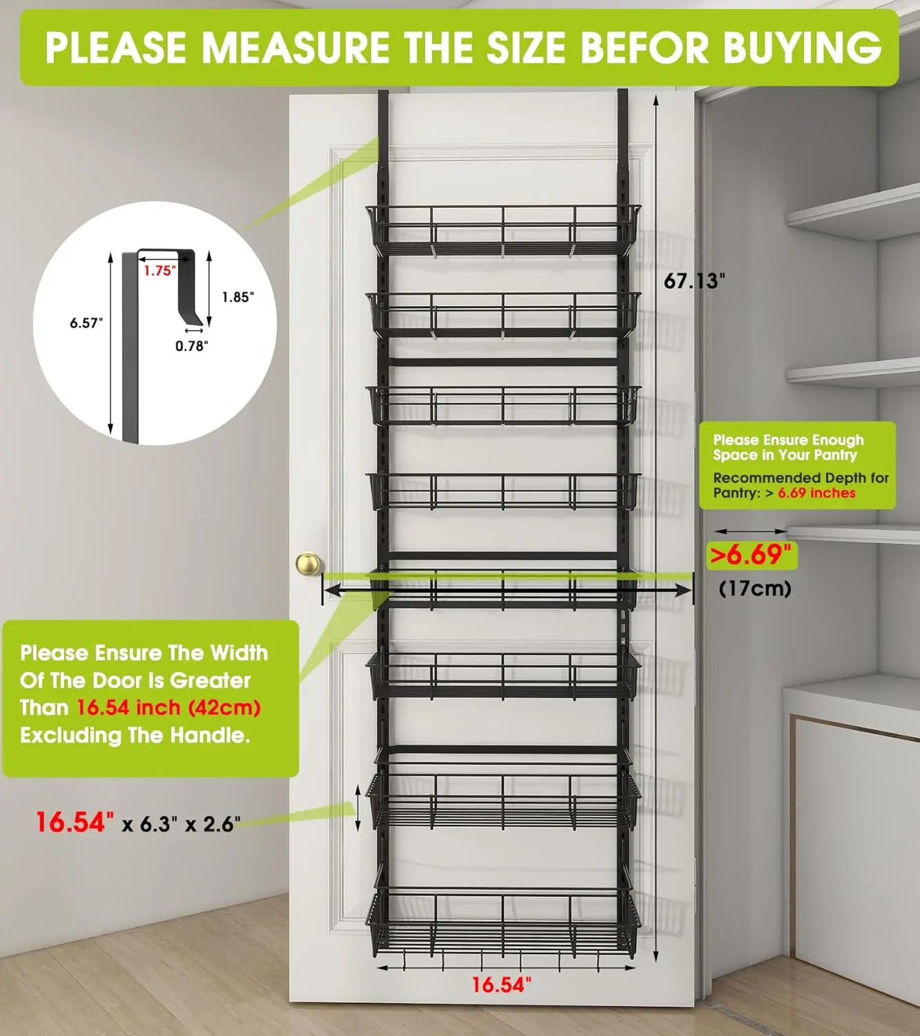 r The Door Pantry Organizer, Wall Mount Spice Rack, Pantry Hanging Storage And Organization, 8 Adjustable Baskets Heavy-Duty