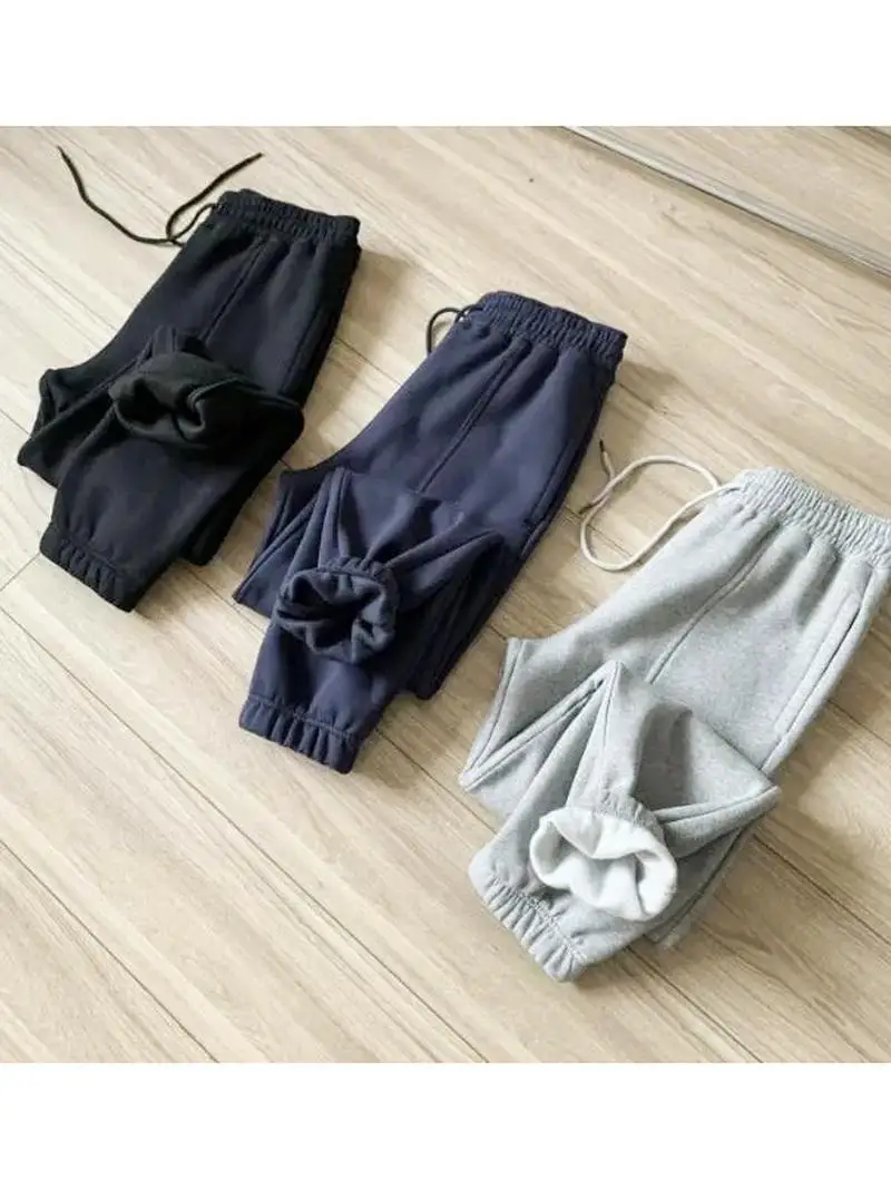 

Осенне-зимние новые утепленные брюки из чистого хлопка с флисовой подкладкой, свободного кроя, прямые, на шнурке, цветные, спортивные