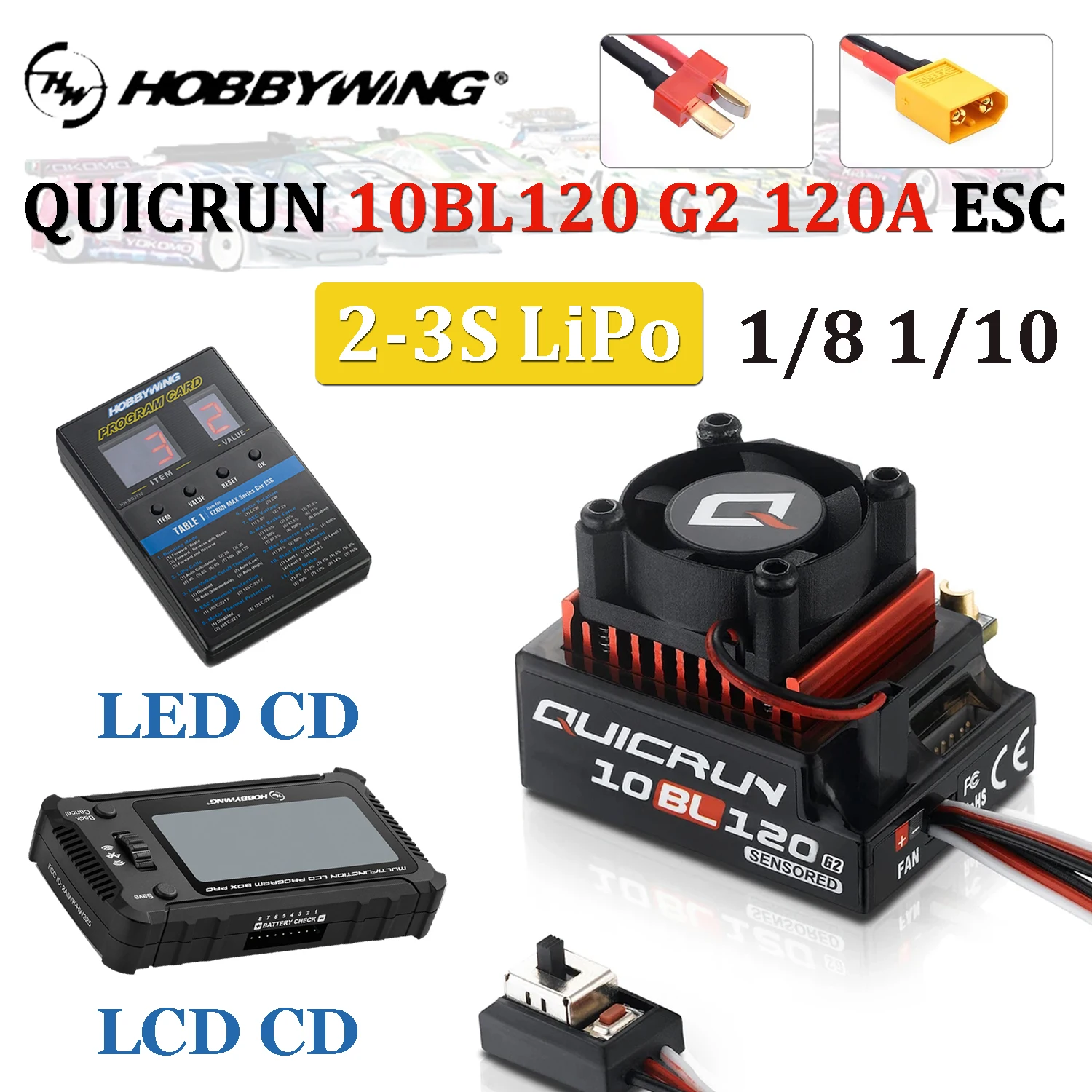 Hobbywing QUICRUN Sensored 10BL120 G2 120A 2-3S Brushless ESC with LED/LCD Program Card for 1/8 1/10 RC Racing Model Car Parts