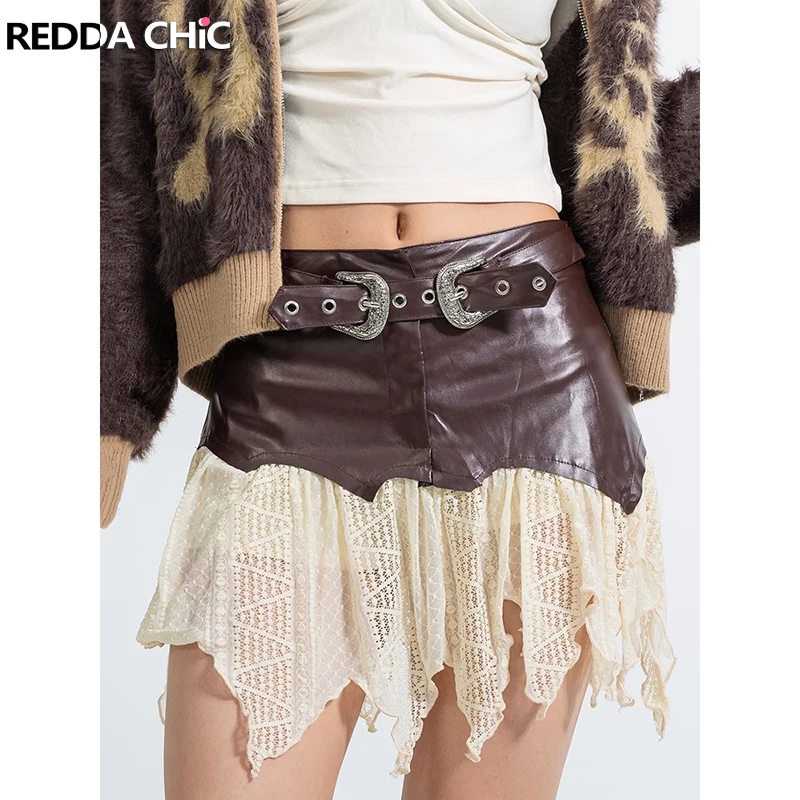 ReddaChic Steampunk Belted Low Rise Mini Skirt Women A-line Lace Patchwork Irregular Ruffle Leather Skirt Vintage Grunge Clothes