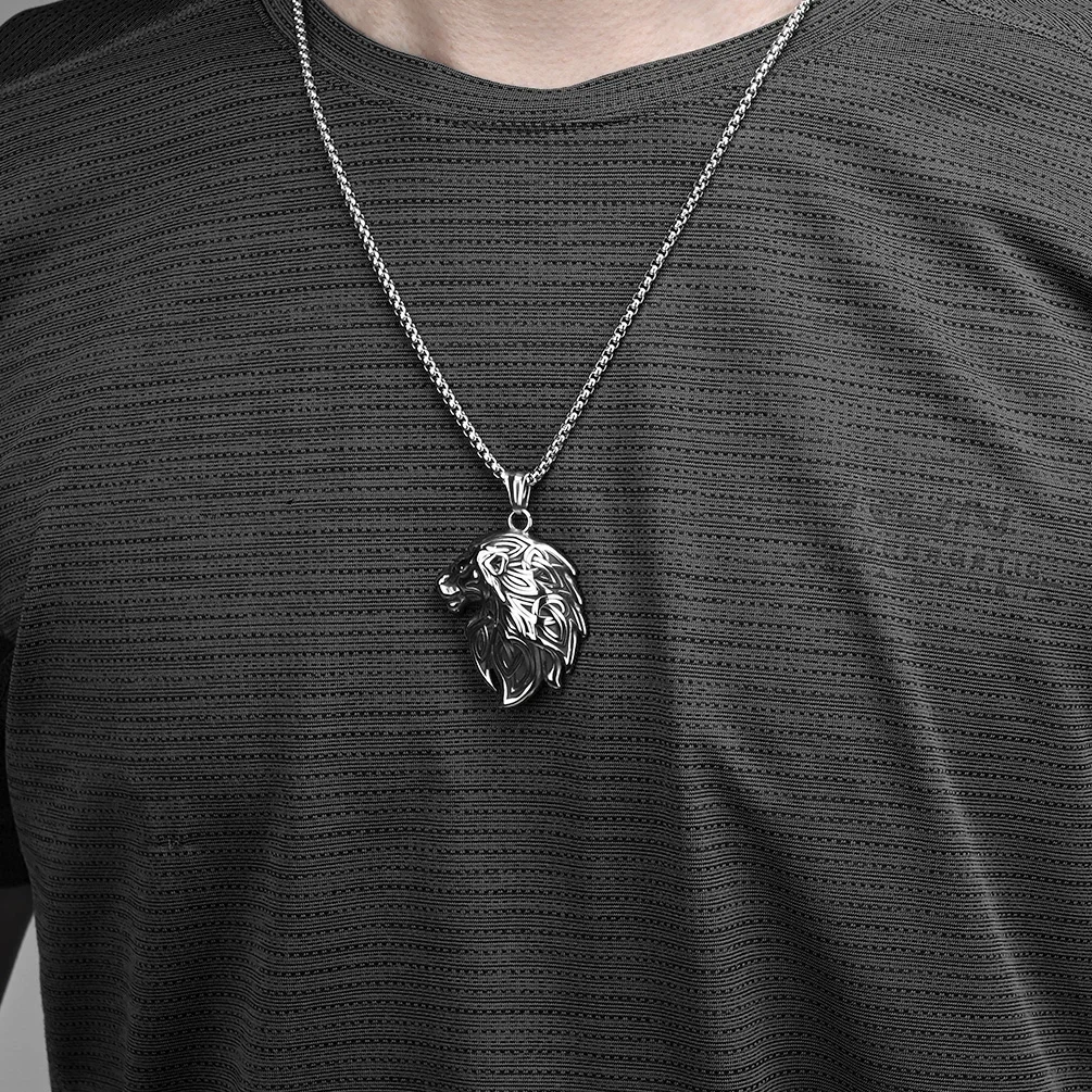 JHSL New Male Men Animal Lion Pendant Necklace Stainless Steel Chain Black Silver Color Fashion Jewelry Dropship Wholesale