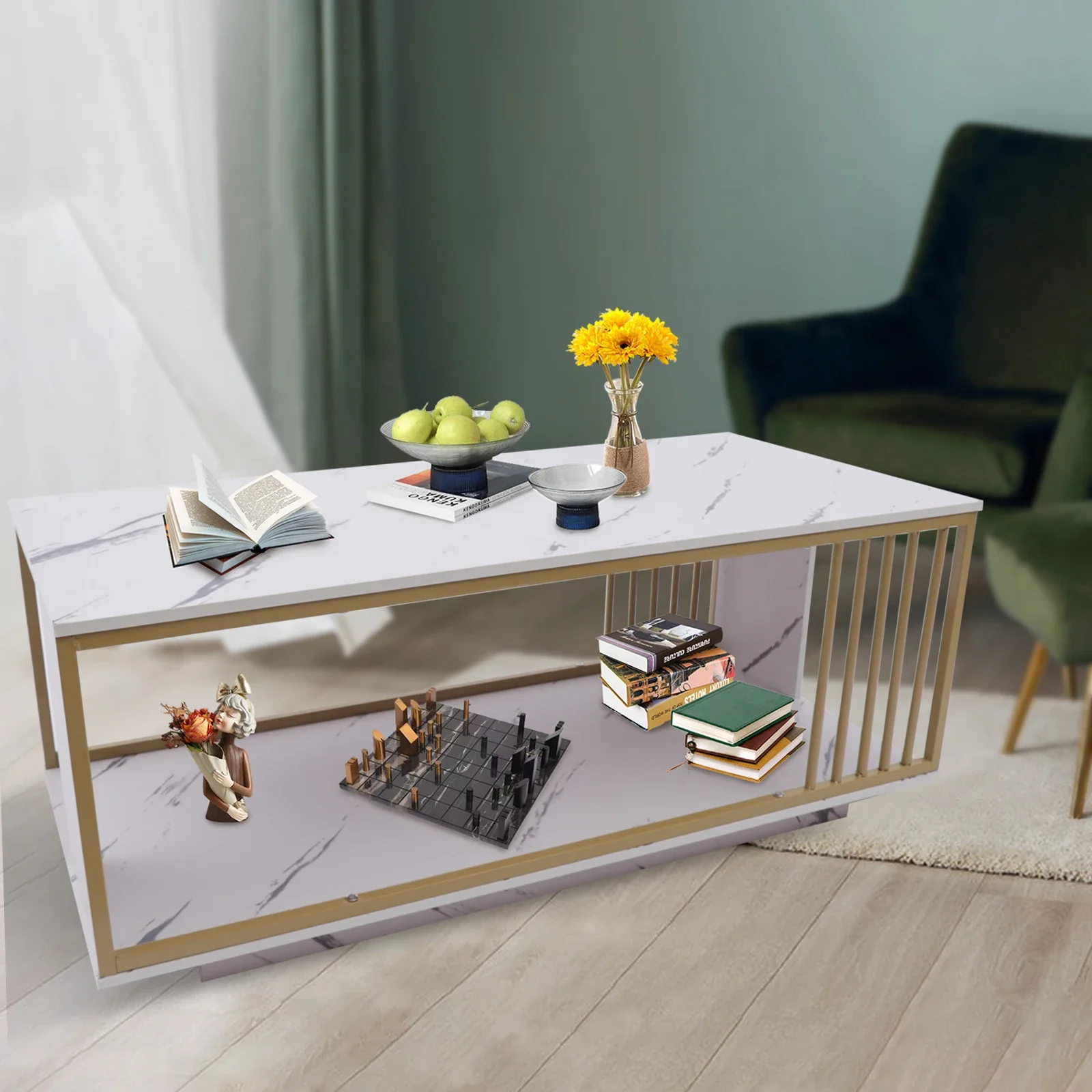 

Modern High Gloss Marble Veneer Rectangle White GOLD Coffee Table Living Room