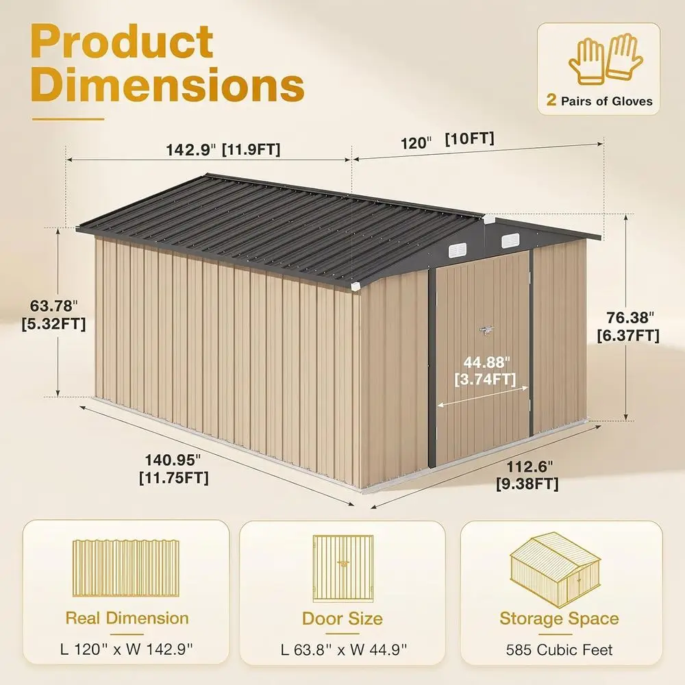 10x12T Outdoor Storage Shed with loor Brown | Galvanized Steel Outdoor Metal Shed with Sloop Roo or Bike, Tool, Generator Storag