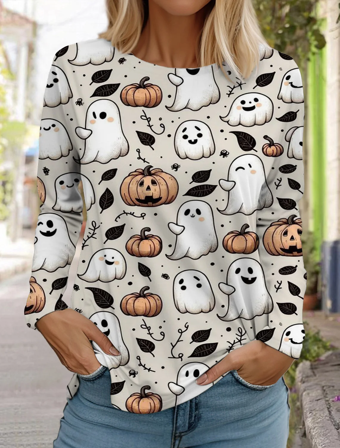 2024 Halloween damska koszulka z długim rękawem śliczna głowa dyni 3D wzór T Shirt moda jesienna top damski pulower w stylu Harajuku odzież