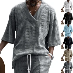 Summer High Quality T-shirt For Men Comfortable Cotton Japanese And Korean Style Loose V-neck Seven-point Sleeve Sweater