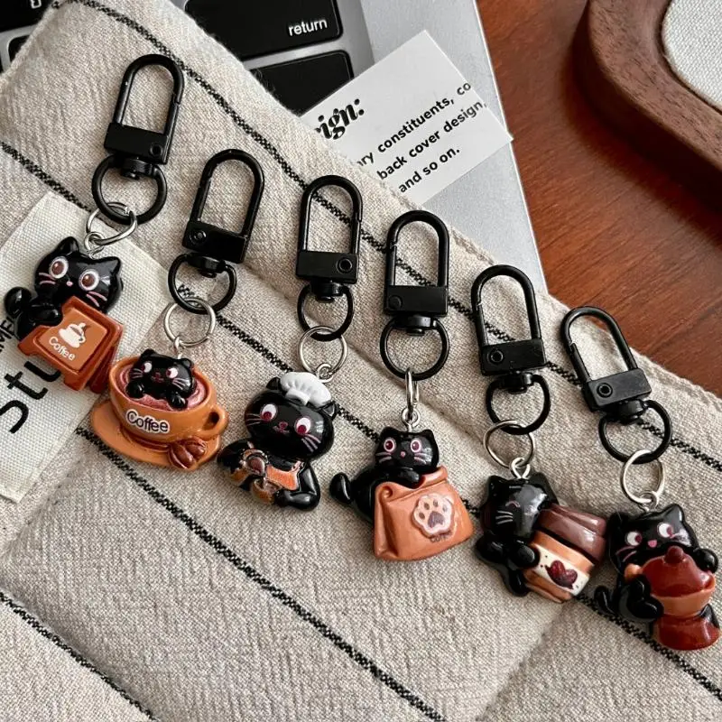 Cartoon Black Cat Keychain Women Chocolate Coffee Theme Purse Pendant Cute Bag Charm for Backpack Accessories