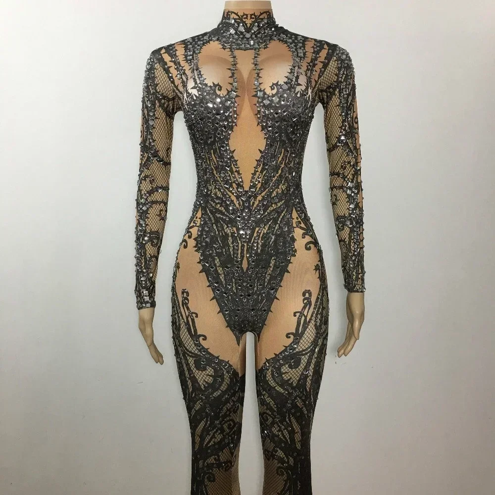 Nightclub Bar Dance Wear Bodycon Jumpsuit Women Praty Prom Leotard Performance Outfit Black Shining Rhinestone Halloween Legging