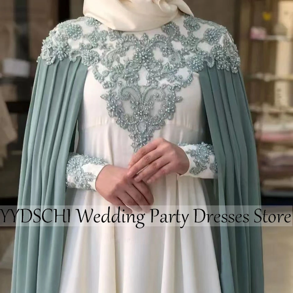 Customized 2024 Moroccan Kaftan Evening Green Dresses Lace Long Sleeves A-Line Prom Dress Elegant Satin Crystal Robes De Soirée