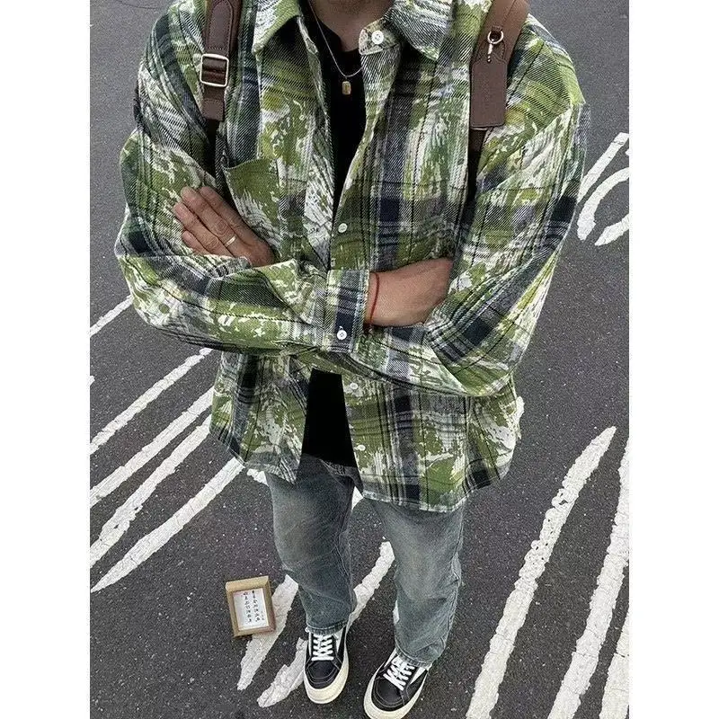 

Spring and Autumn Tie-dye Contrast Plaid Shirts for Men Retro Turn-down Collar Long Sleeves Jacket Loose Lazy Style Casual Tops