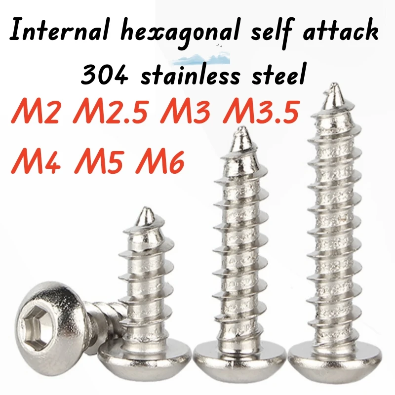 5/10/20/30/50/100/200pcs M2 M2.5 M3 M3.5 M4 M5 M6 304 A2 Stainless Steel Round Head Hexagonal Groove Self Tapping Wood Screw