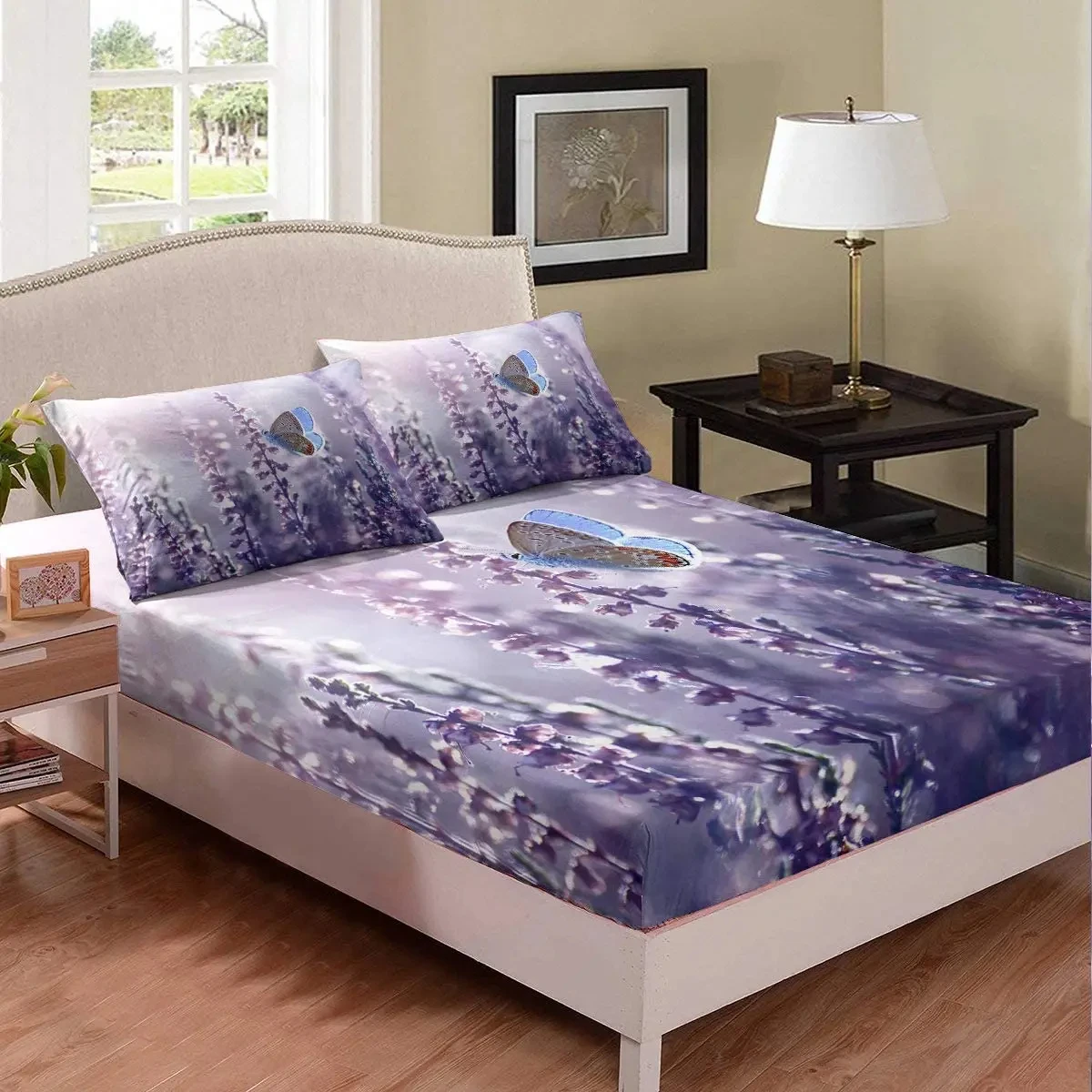 Beautiful Flower Butterfly Fitted Sheet Botanical Floral Bedding Set Country Rustic Style Bed Sheet Set for Boys Girls Bedroom