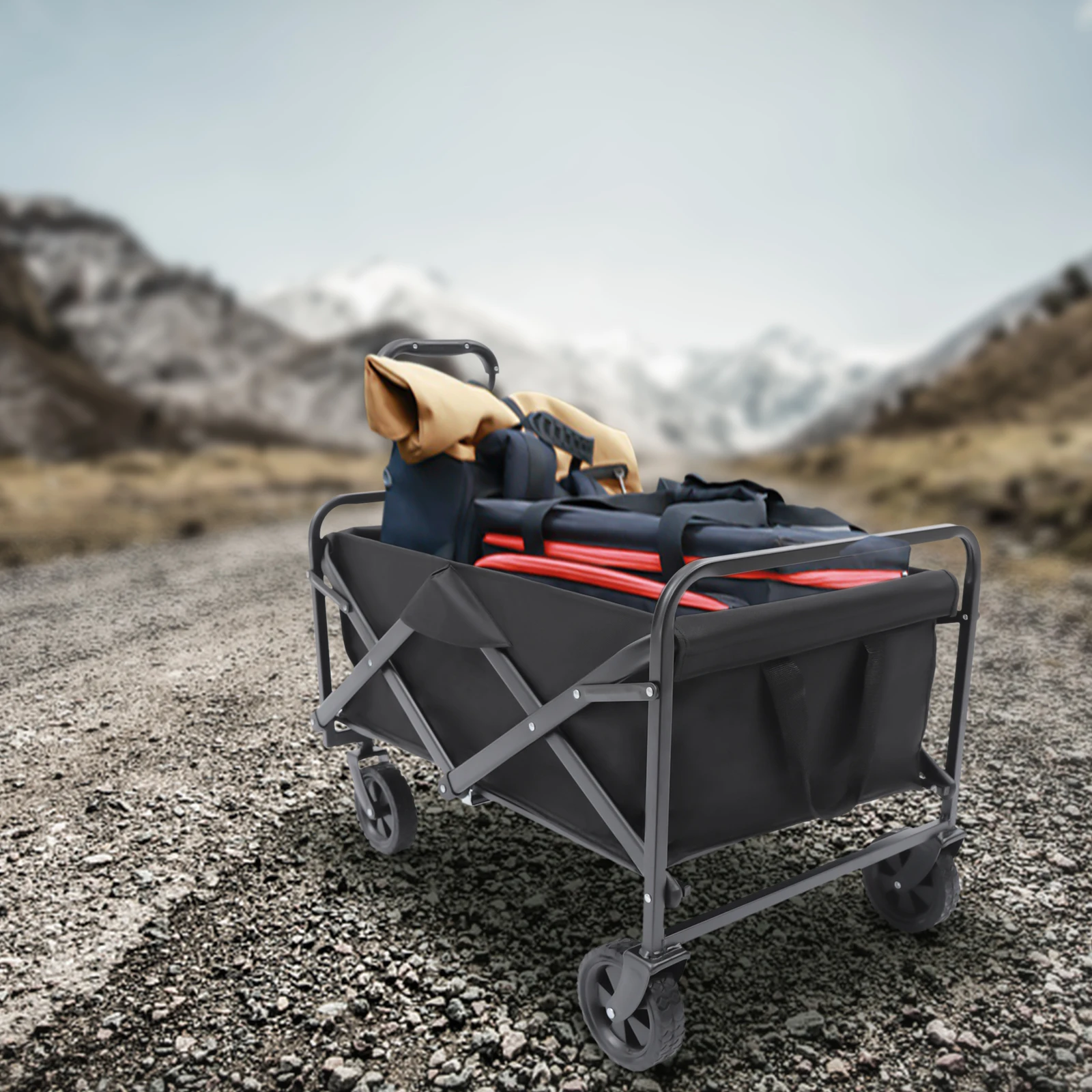 Foldable Wagon Cart, Portable Camping Trolley, Outdoor Multi-function Foldable Carts Wagon w/ Adjustable Handle & Cup Holders