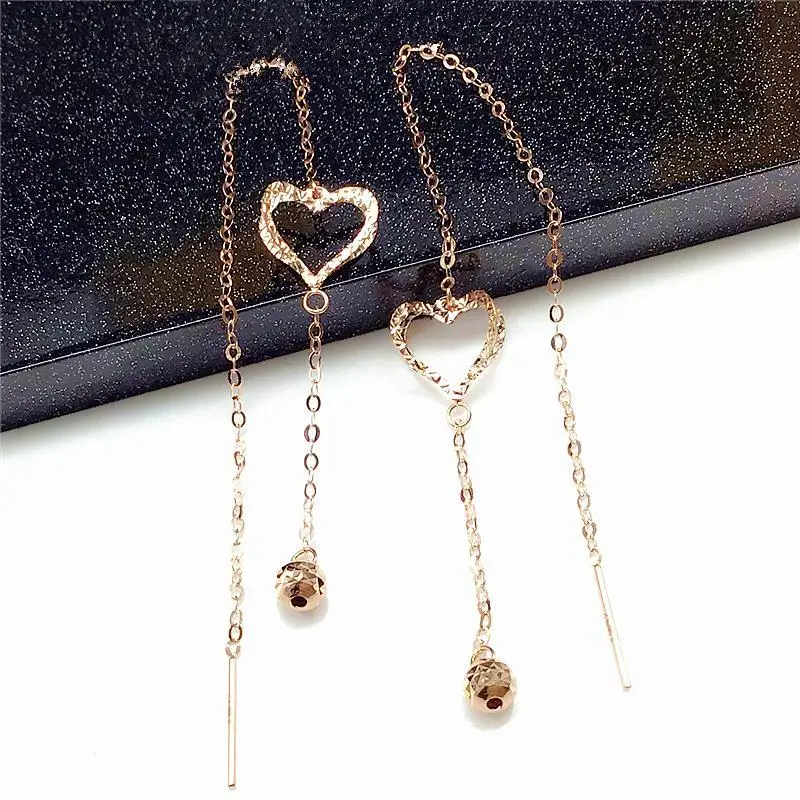 585 Purple Gold Plated 14K Rose Gold Heart Beads tassel earrings for women new Ear line charm classic wedding jewelry