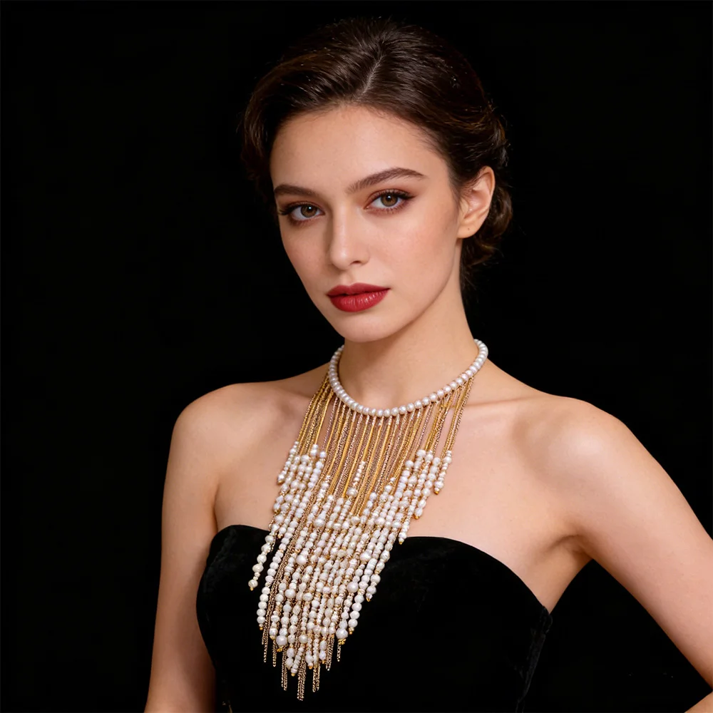 

Fashionable Multi Layer Handmade Imitation Pearl Waterfall Necklace For Women Trendy Exaggerated Holiday Travel Jewelry Gift