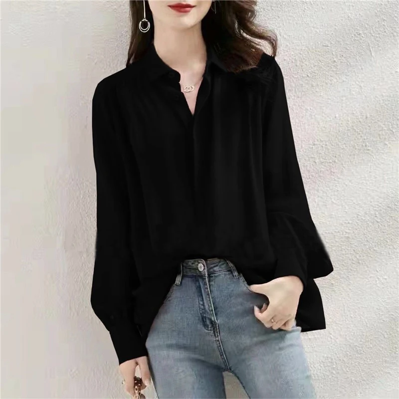 Women Ruffled Simple Elegant Button Shirts Korean Fashion Chic Business Casual Office Lady Blouses Long Sleeve Loose Tops Ropa