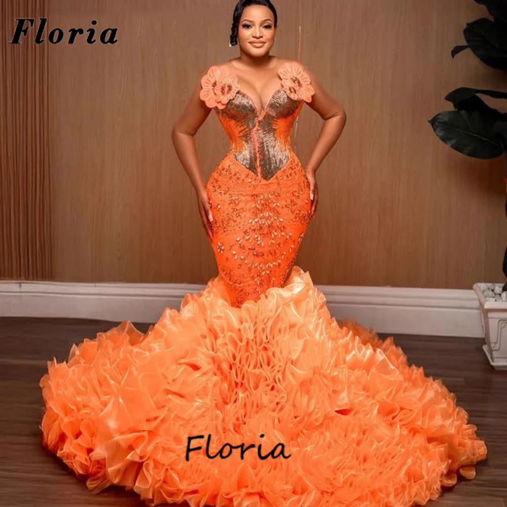 

African Orange Mermaid Evening Dresses Tiered Skirt Aso Ebi 2025 Black Girls Beaded Prom Dress Wedding Party Gowns Customized