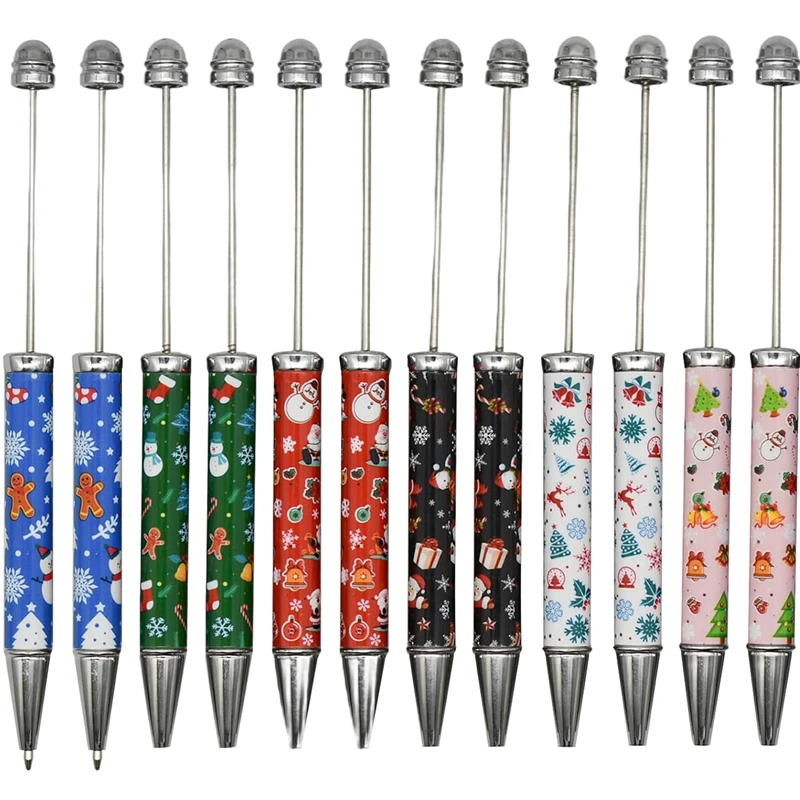 12 PCS Christmas Beadable Ballpoint Pens Retractable Bead Pen DIY Shaft Beaded Pens Santa Claus Snowman Christmas Tree Snowflake