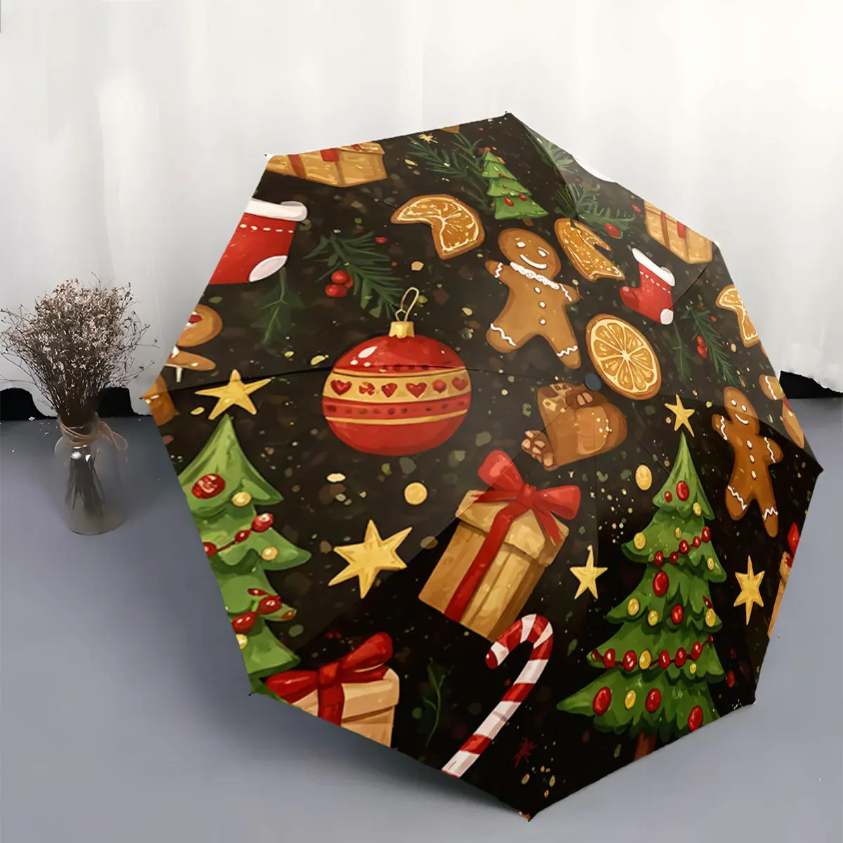 Christmas Themed Umbrella with Gingerbread and Gifts Design portable waterproof sun rain umbrella for outdoor travel beach