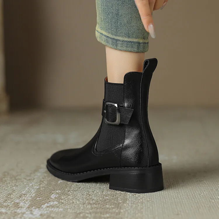 NEW Autumn/Winter Women Boots Round Toe Low Heel Chelsea Boots Split Leather Shoes for Women Retro Ankle Boots Belt Buckle Shoes