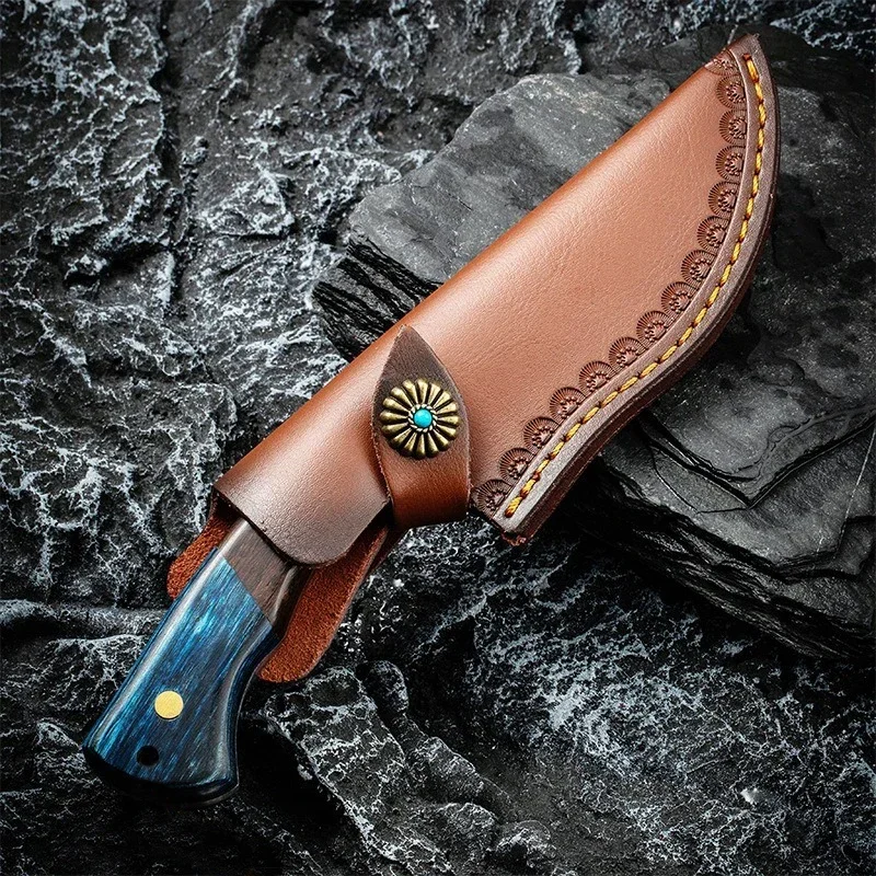 Exquisite steel hammer pattern forged outdoor hand knife with holster,multi-functional sharp fruit knife, camping barbecue knife