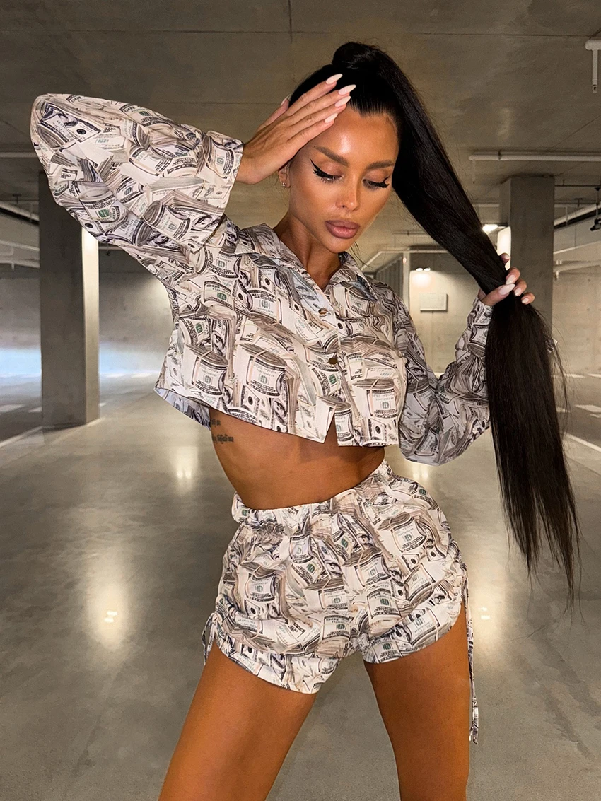 Marthaqiqi Printing Ladies Pajamas Set Long Sleeve Sleepwear Turn-Down Collar Nightie Crop Top Nightwear Shorts Nightgowns Suits