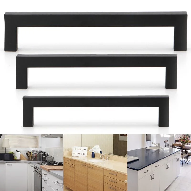 50mm-170mm Black Cabinet Handle Square Furniture Hardware Stainless Steel Kitchen Door Knobs Cupboard Wardrobe Drawer Pulls