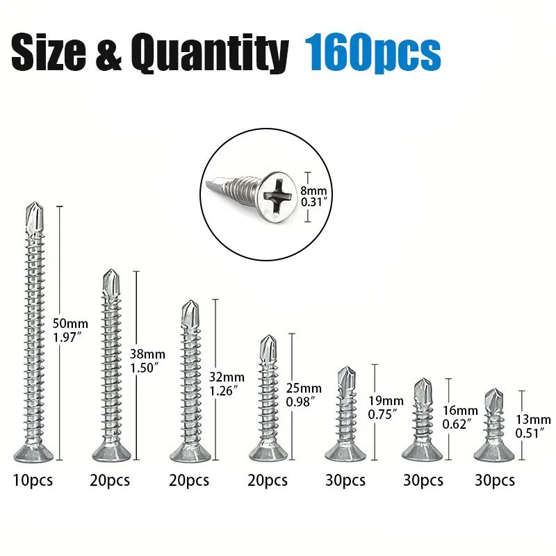 160-Piece #8 304 Stainless Steel Phillips Head Self-Drilling Screws, Sizes 13mm to 50mm, for Home Maintenance