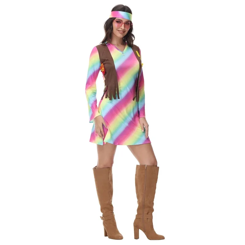 Gaun Cosplay Disko Rock Cinta Perdamaian Retro Eropa Pakaian Panggung Hippie 60S 70S Vintage Pelangi Manis Wanita Seksi Lf[5
