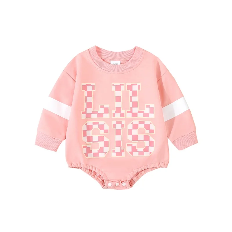 Baby Girl Sweatshirt Romper Checkerboard Letter Print Long Sleeve Crew Neck Jumpsuit for Winter Fall