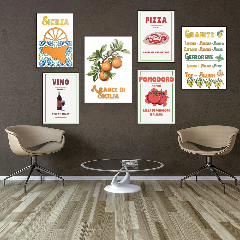 Póster de decoración de cocina con estilo retro, helado, pizza, pasta, vino, tomate, mozzarella, basilico, italiano, siciliano