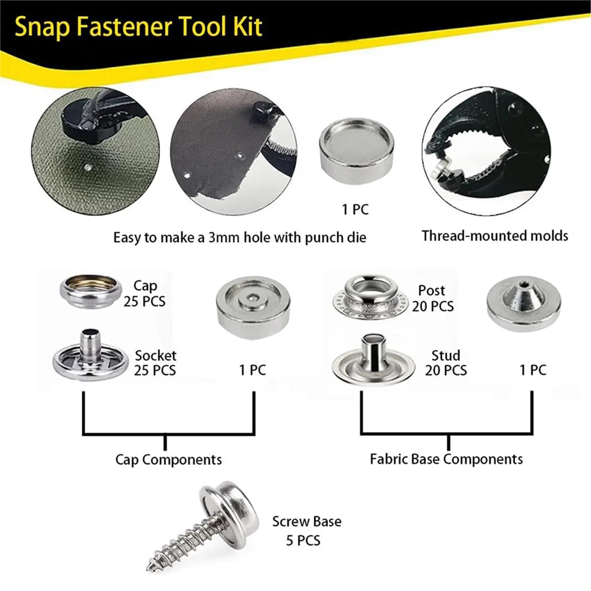 Heavy Duty Snap Fastener Tool Kit with 25 Sets Snaps, Snap Setter Pliers for Boat Covers, Canvas, Tarps & DIY Repair