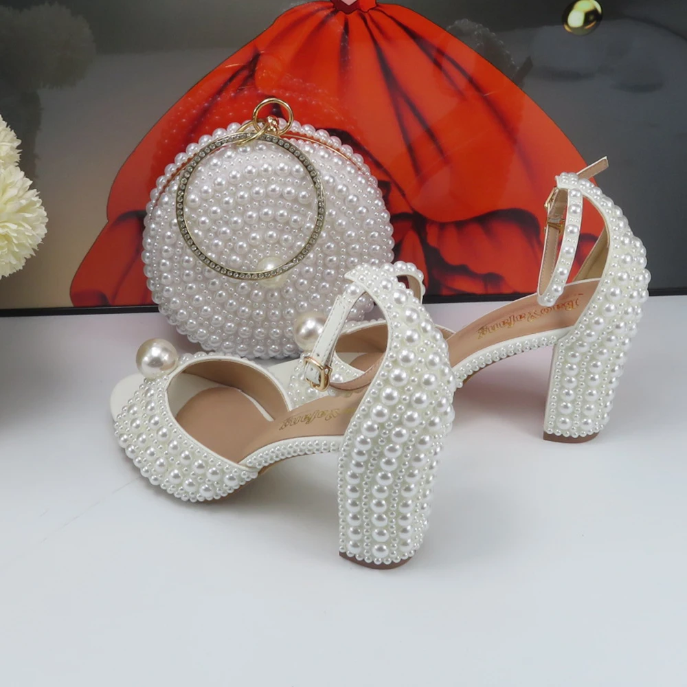 Fashion White Beads Pearl women wedding shoes Bride High heels shoes ladies super big size party dress shoes woman Fish toe view 2