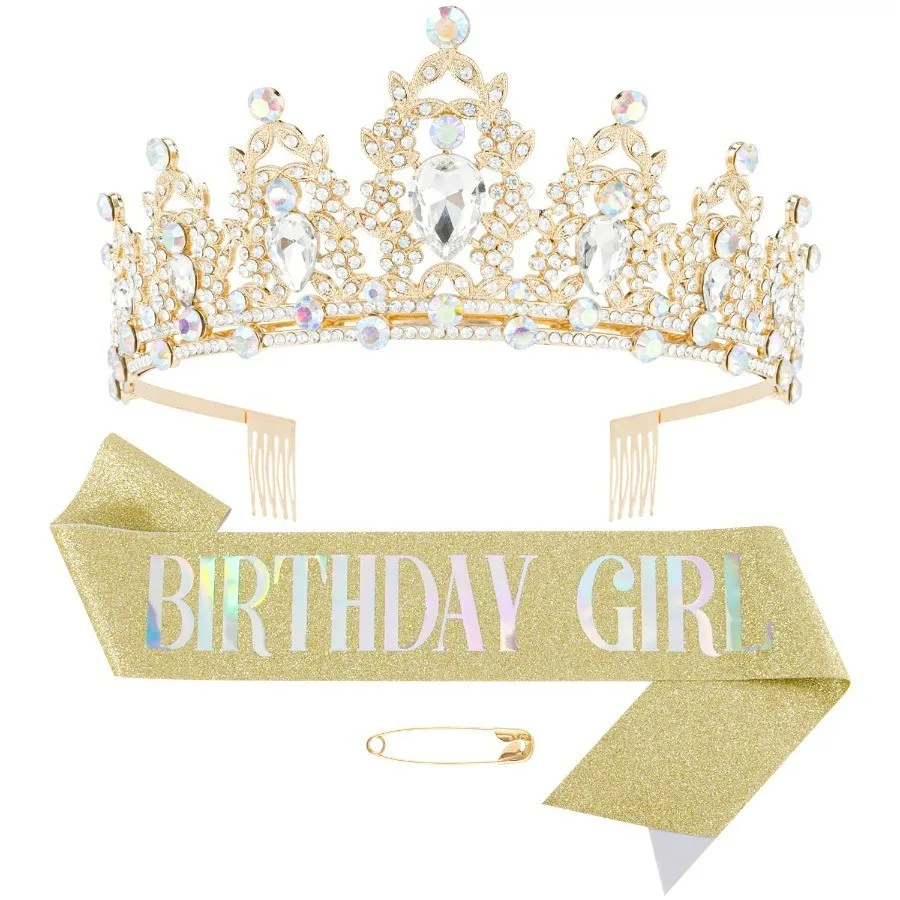 Barocke Strass-Geburtstagsmädchen-Schärpe, Band, Krone, Tiara, Stirnbänder, Schärpe mit Anstecknadel, Happy Birthday Party für Frauen und Mädchen – Detail 2